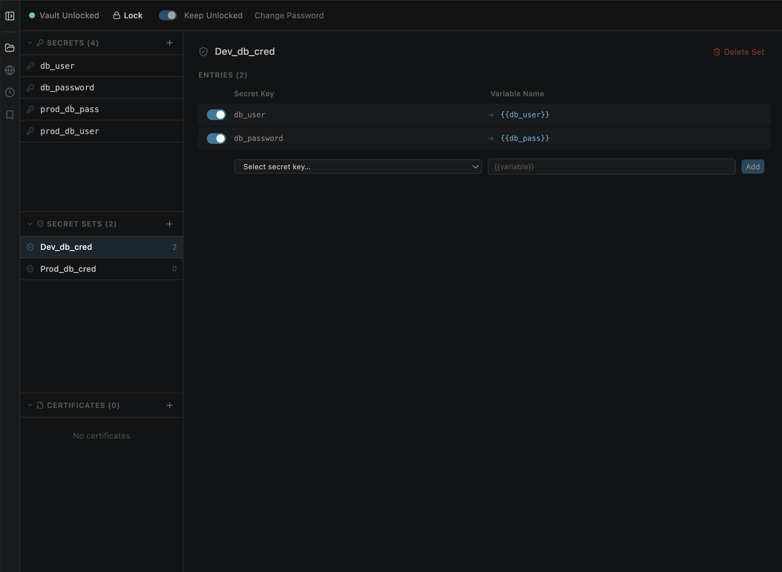 Secret set with 2 mapped entries linking vault keys to variable names